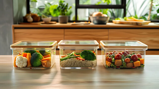 Three Glass Storage Food Containers on Wooden Kitchen Counter / 木製キッチンカウンターの上の3つのガラス製食品保存容器