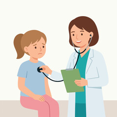 Obraz premium A compassionate female doctor uses a stethoscope to check a young girl's chest during a medical checkup, while holding a clipboard and smiling warmly.