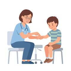 Obraz premium A friendly female doctor in blue scrubs examines a young boy's hand while both are seated in a bright medical clinic setting.