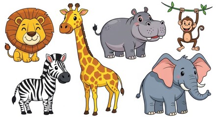 Naklejka premium Cute Cartoon Safari Animals Collection Vector Illustration.