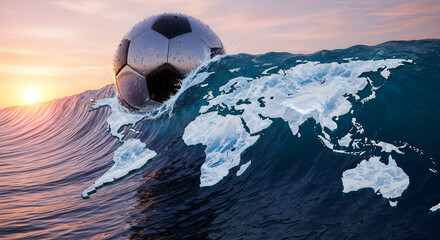Soccer ball floating on giant ocean wave with world map overlay during sunset