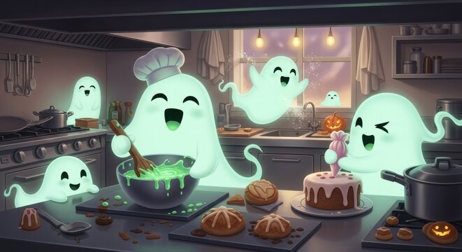 Cute Ghosts Baking Halloween Treats in a Cozy Kitchen.