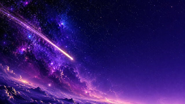 紫色の星雲と雲海を斜めに横切る一筋の流星