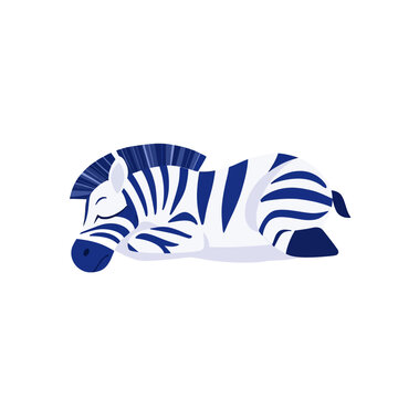 A stylized cartoon illustration of a sleeping zebra with dark blue stripes and details, on white