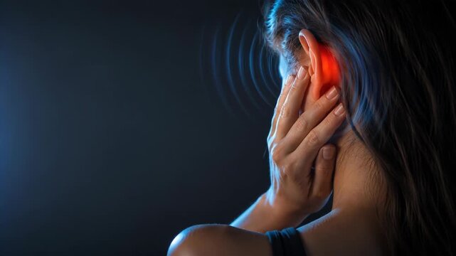Woman Holds Head in Distress, Experiencing Ear Pain and Tinnitus with Sound Waves Illustrating Discomfort Against Dark Background