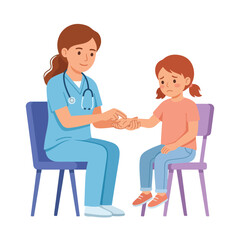 Fototapeta premium A female healthcare professional in blue scrubs gently examines a sad little girl's hand during a medical checkup in a bright cartoon style.