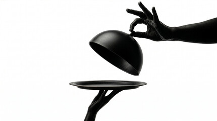 Black Silhouette Hand Lifting Cloche Revealing Empty Tray on White Background, Luxury Restaurant Service and Reveal Concept © Yohanes