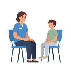 Obraz premium A female medical professional in blue scrubs sits on a blue chair, smiling at a young boy sitting opposite her on another blue chair.