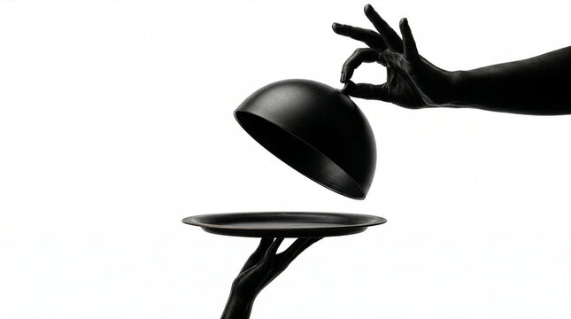 Black Silhouette Hand Lifting Cloche Revealing Empty Tray on White Background, Luxury Restaurant Service and Reveal Concept