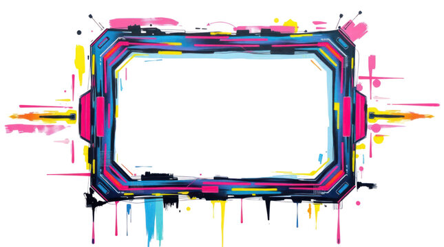 Abstract Neon Frame with Cyberpunk Glitch Style Vibrant Paint Splashes