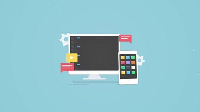 Minimalist Desktop Computer And Smartphone With Coding Interface On Light Blue Background