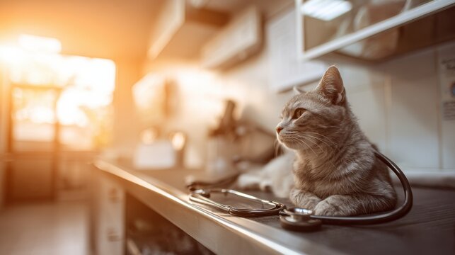 Calm tabby cat resting on an examination table at a veterinary clinic, with medical equipment nearby and warm sunlight streaming in