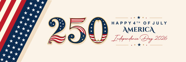 Fototapeta na wymiar Happy 4th of July 2026 Banner Template with Patriotic American Typography, Fireworks and USA Flag Ribbon for Independence Day Celebration Design