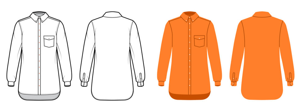 Long sleeve shirt with front pocket, button closure and curved hem with relaxed silhouette. Technical fashion illustration in black and white color, front back views, apparel CAD template. Vector