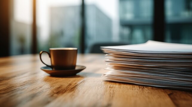 Business meeting table with coffee cup and stack of documents in modern office setting