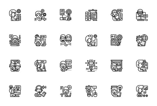 Online learning icon set. Education vector icon pack. Minimalist icons. Featuring multimedia, hybrid, distance education, virtual class, student and more. Editable vector stroke.