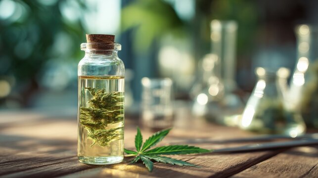 Cannabis extract in a glass vial with leaves and laboratory equipment