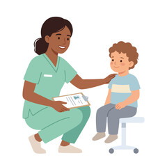Fototapeta premium A caring female nurse in green scrubs kneels to comfort a young boy sitting on a stool during a medical checkup, holding a clipboard in her hand.