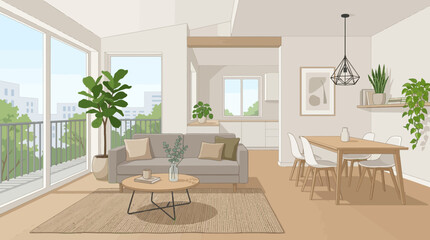 Fototapeta premium Modern Apartment Interior Design with Balcony, Natural Light and Green Plants