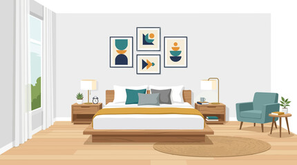 Fototapeta premium Modern Bedroom Interior Design with Geometric Art and Cozy Furniture