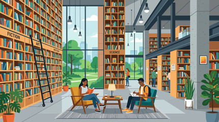 Modern Library Interior with Students Studying Among Bookshelves and Greenery © Jalan