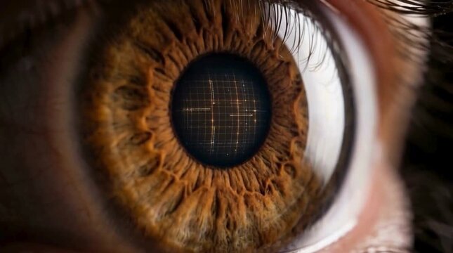  macro close-up of human eye iris with digital graph reflection 
