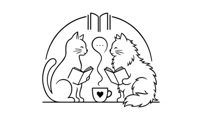 Fototapeta premium Cute cat and dog reading books, coffee cup, line art illustration, pet lovers, animal friends
