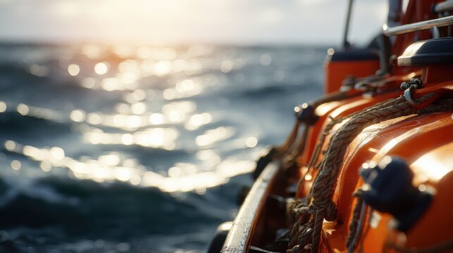 Close-up of a lifeboat davit on a ship deck with the ocean in the background