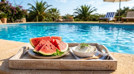Obraz premium Summer snack of watermelon and traditional Romanian cheese served on tray by swimming pool