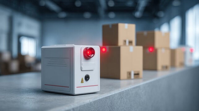 Close-up of RFID tag scanning on cardboard packages in a warehouse, showcasing automated logistics technology.