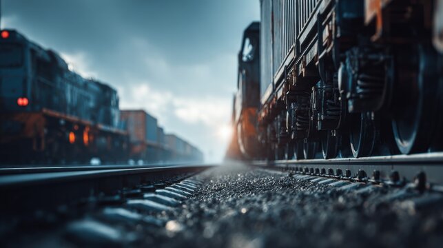 Close-up of an industrial freight train engine pulling heavy cargo along railroad tracks with blurred background