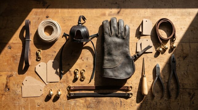 Falconry training gear flat lay with leather hood glove and bench tools