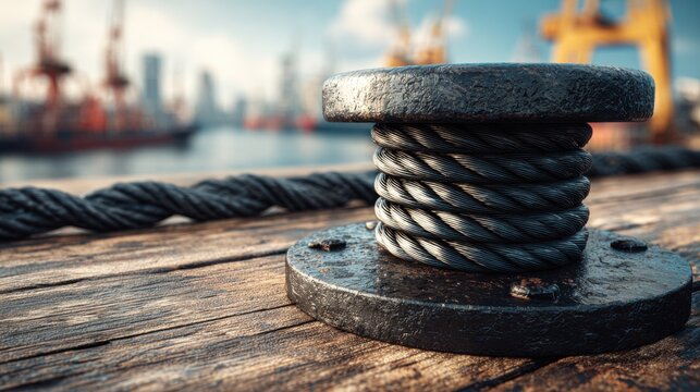 Close-up of a thick ship mooring rope wound around a sturdy metal bollard on a weathered wooden dock with a blurred maritime city skyline in the background.