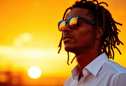 Man wearing sunglasses with dreadlocks against a golden sunset sky in warm light