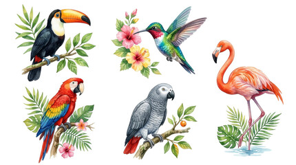Obraz premium Watercolor exotic bird set including toucan, hummingbird, macaw, parrot and flamingo with tropical flower on transparent background. Wildlife illustration for design and nature decor.