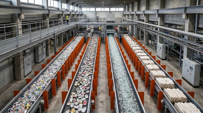 Overhead conveyor lanes separating recyclables in modern processing hall