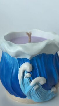 Handmade Marine Soy Candle in Gypsum Holder 360 Degrees Turntable Rotation Close Up High Angle