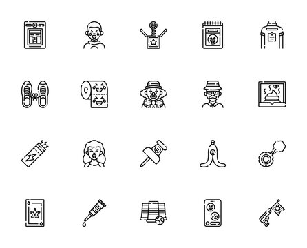 April Fools Day icon set. Minimal vector illustration. Featuring prank icons like fire alarm, joke, laugh, clown, whoopee cushion, joker, gun and more. Editable stroke.
