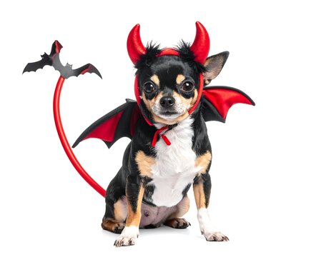 A small black and brown dog dressed in devil horns and wings