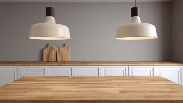 Empty Modern Kitchen Island With Minimalist Design and Pendant Lights