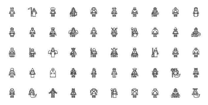 Fantastic characters icon set. Minimalist icons pack. Featuring Magician, Reaper, Dwarf, Knight, Troll, Cyclops, Giant, Queen, King, Ninja, Pirate and more. Editable vector stroke.