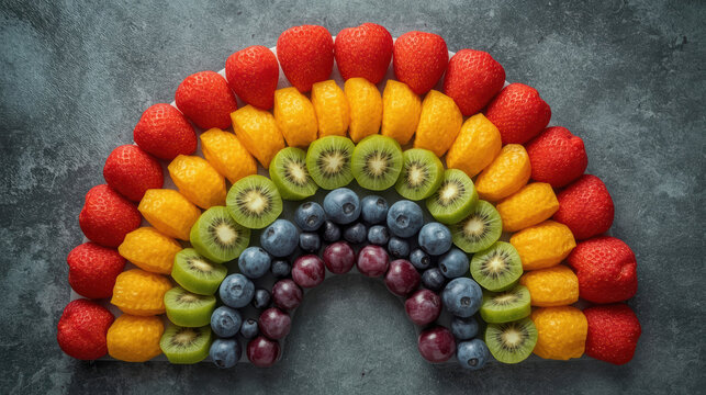 Colorful rainbow fruit platter arranged gradient order, vibrant fresh fruit display with joyful