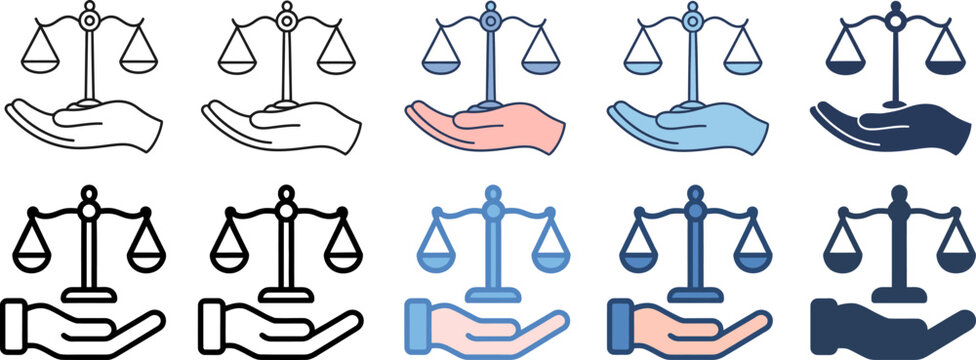 A set of colorful icons depicting hands holding scales of justice