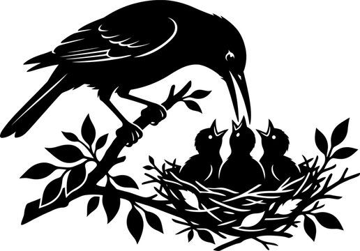 Black silhouette of a mother bird feeding three chicks in a nest