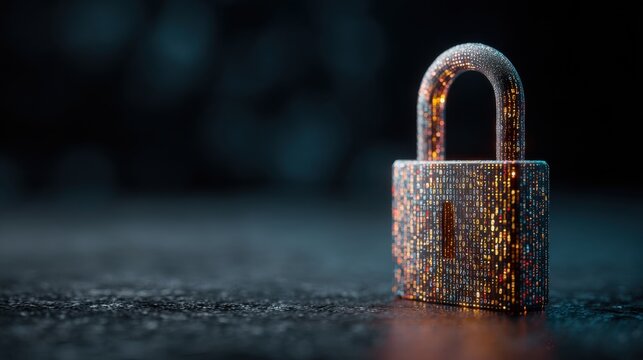 Digital Padlock Secured with Glowing Binary Code Representing Cyber Security