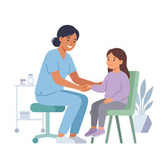 Fototapeta premium A caring doctor in blue scrubs gently holds a young girl's hand during a checkup in a bright medical clinic filled with essential equipment.