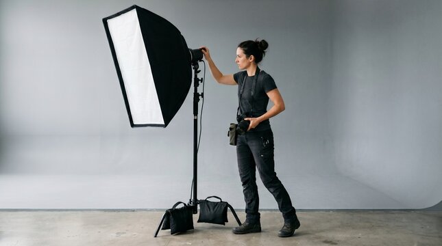 Female photographer adjusting a large softbox light in a professional photography studio
