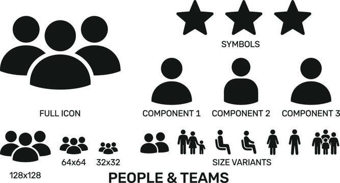 People and teams icon collection with group, individual components, stars, and size variants for interface design and branding