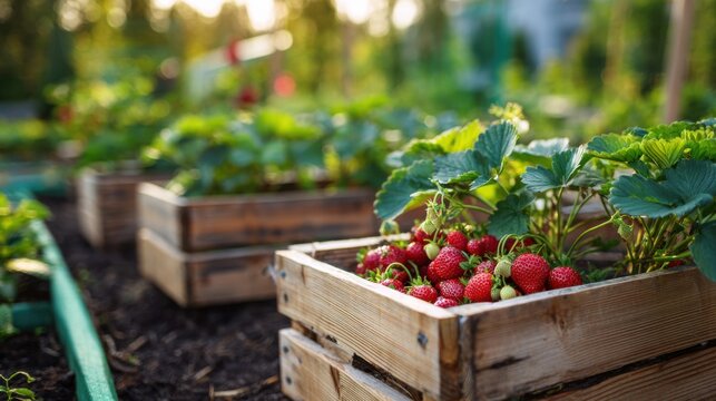 Fresh Ripe Strawberries Growing in Wooden Crates in a Sunny Garden Harvest Season