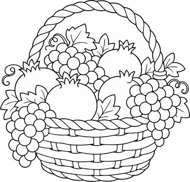 This black-and-white coloring illustration features a beautiful basket filled with abundant fruits, including clusters of grapes and pomegranates, surrounded by decorative leaves and vines. 